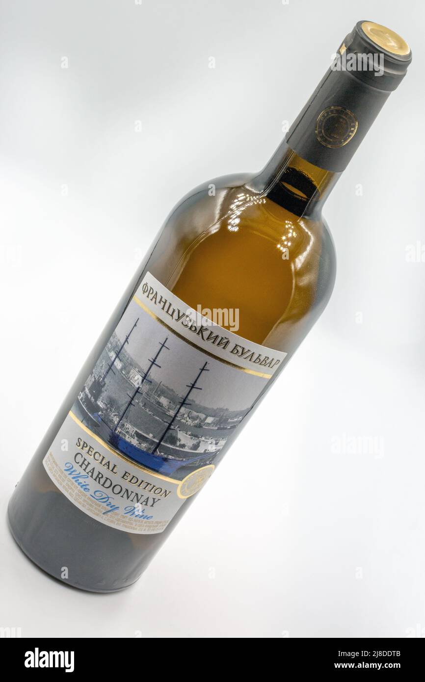 Kyiv, Ukraine - March 27, 2021: French Boulevard Chardonnay Special Edition white dry wine bottle closeup. It is the trademark of wines, sparkling win Stock Photo