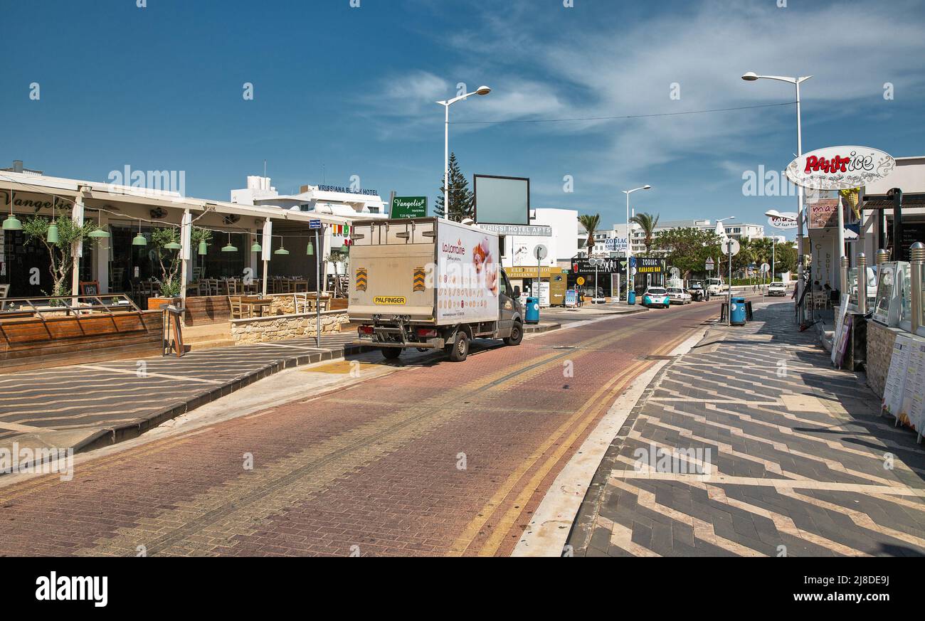 Protaras, Cyprus May 25, 2021 Stores, bars and restaurants on Protara street. Protaras has