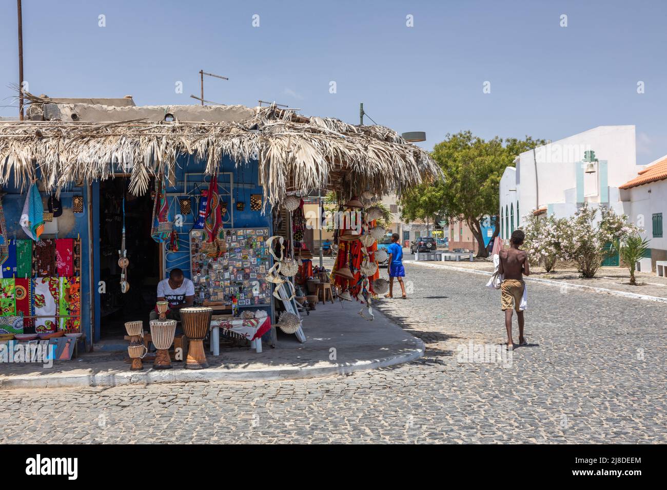 Traditional shop selling souvenirs in a street in Palmeira, Sal, Cape Verde Islands, Africa Stock Photo