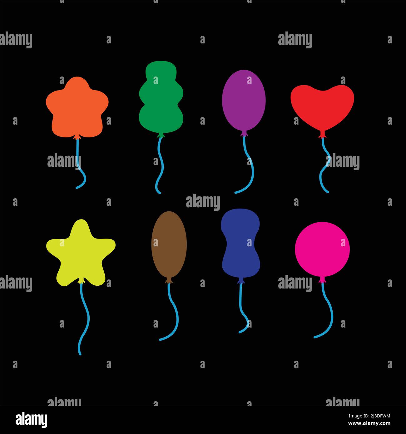 different shape and color balloons. on black background Stock Vector