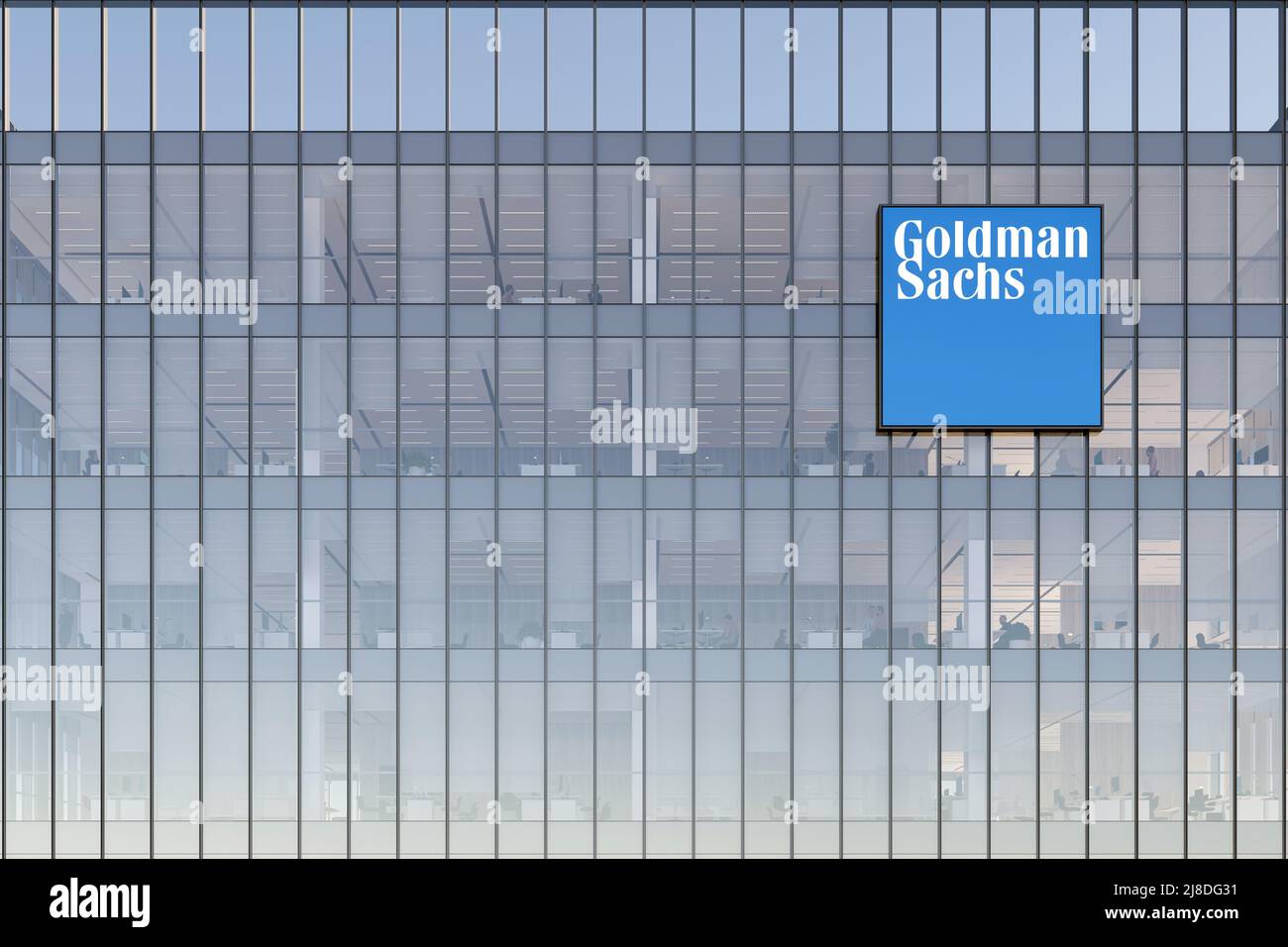 New York, NY, USA. May 2, 2022. Editorial Use Only, 3D CGI. Goldman Sachs Signage Logo on Top of Glass Building. Workplace of Investment Banking Compa Stock Photo
