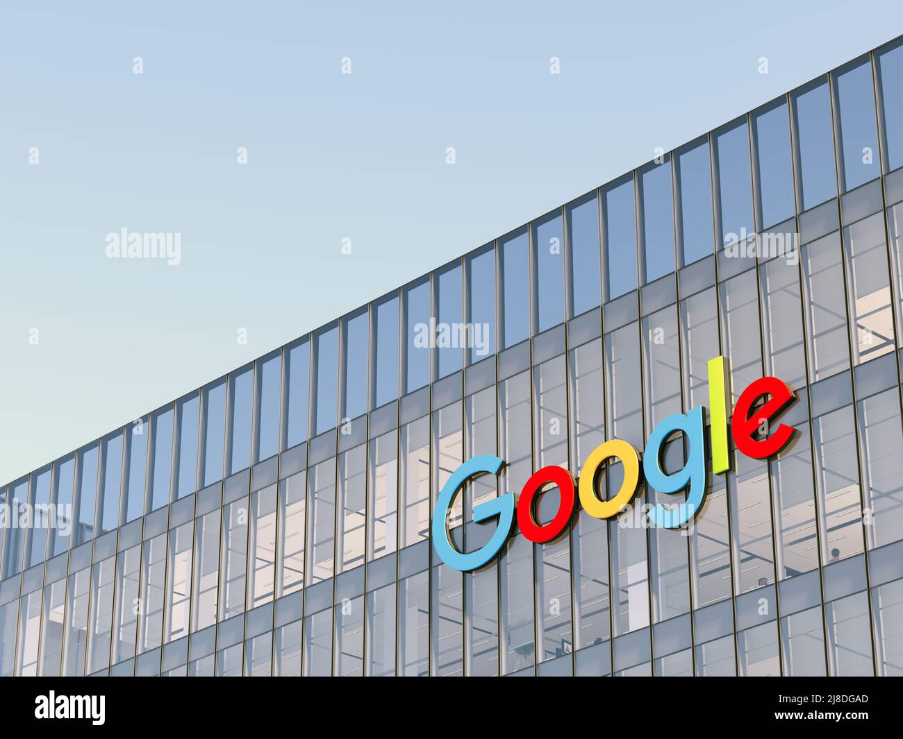 Mountain View, CA, USA. May 2, 2022. Editorial Use Only, 3D CGI. Google Signage Logo on Top of Glass Building. Workplace of Technology Company Office Stock Photo