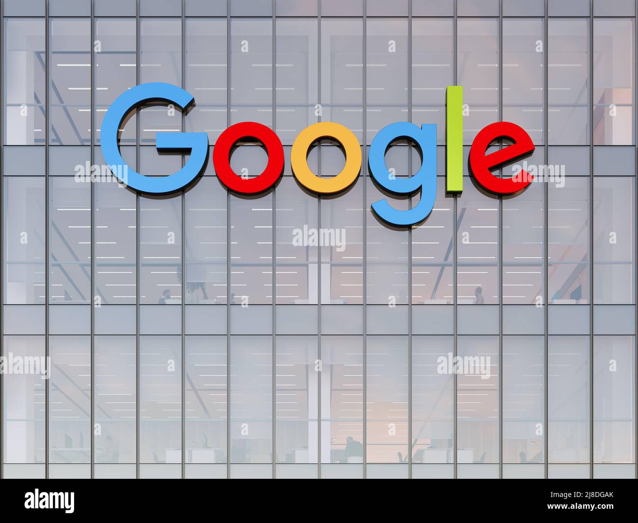 Mountain View, CA, USA. May 2, 2022. Editorial Use Only, 3D CGI. Google Signage Logo on Top of Glass Building. Workplace of Technology Company Office Stock Photo