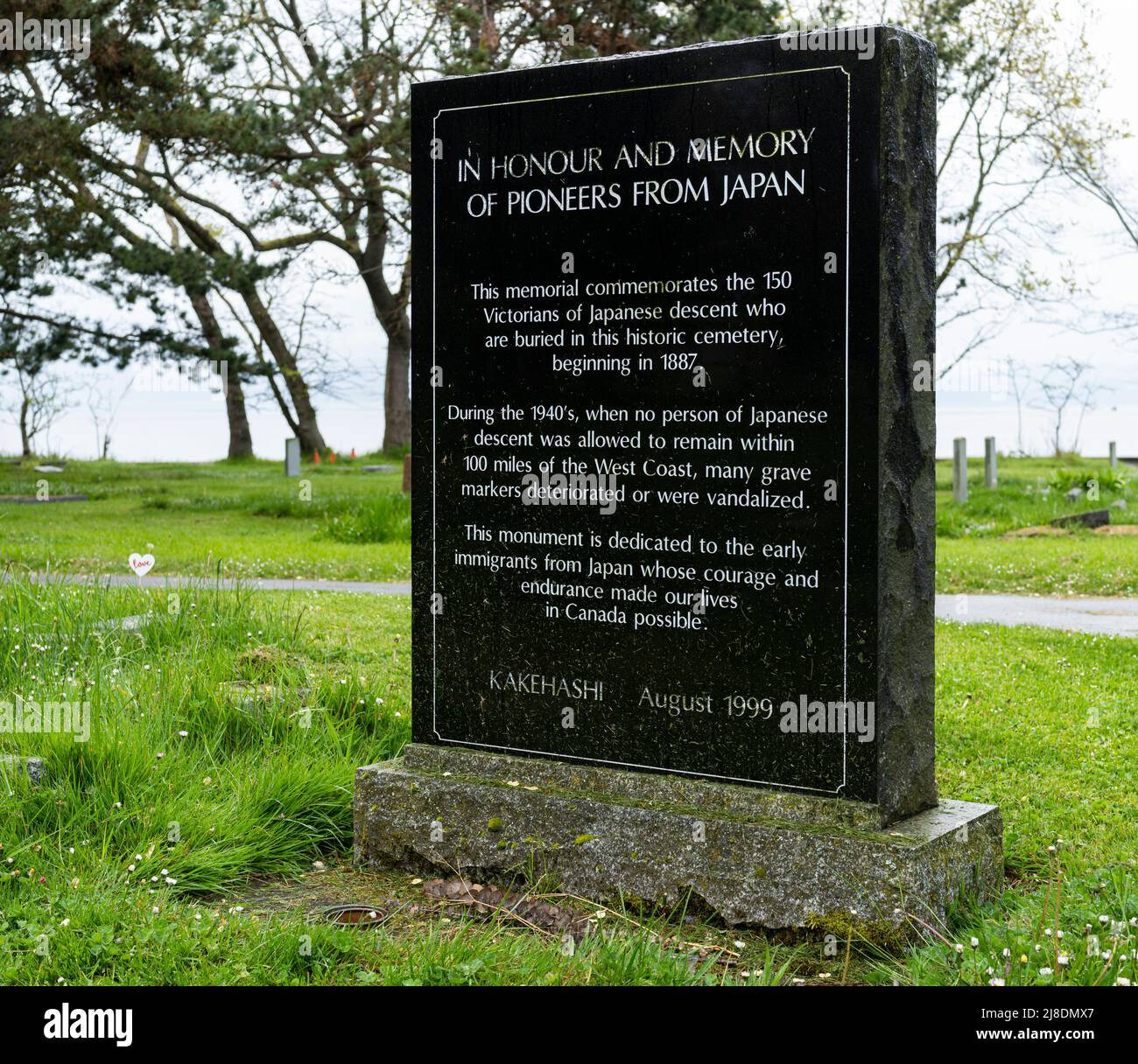 At Ross Bay Cemetery in Victoria, British Columbia, Canada, a marker is dedicated to Japanese immigrants. Stock Photo