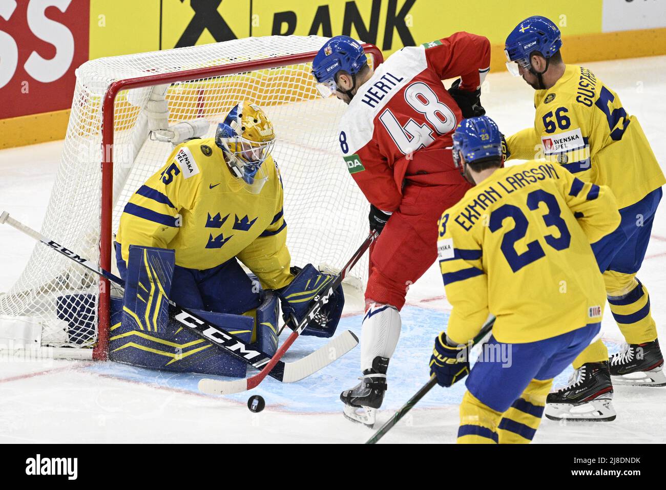 Tampere, Finland. 15th May, 2022. L-R Goalkeeper Magnus Hellberg (SWE), Tomas Hertl (CZE) and Oliver Ekman Larsson and Erik Gustafsson (both SWE) in action during the 2022 IIHF Ice Hockey World Championship, Group B match Czech Republic vs Sweden, on May 15, 2022, in Tampere, Finland. Credit: Michal Kamaryt/CTK Photo/Alamy Live News Stock Photo
