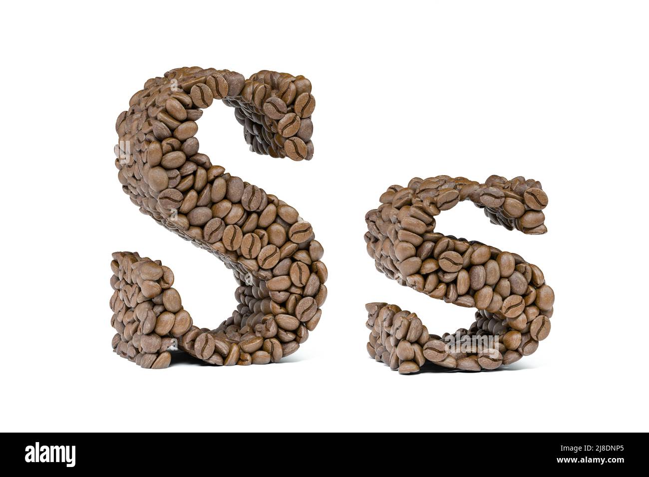 Letter S from coffee bean isoilated on white. Coffee alphabet font. 3d illustration Stock Photo