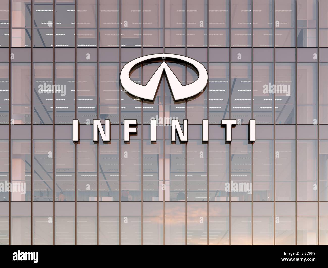 Yokohama, Kanagawa, Japan. May 2, 2022. Editorial Use Only, 3D CGI. Infiniti Motor Company Signage Logo on Top of Glass Building. Workplace Luxury Veh Stock Photo