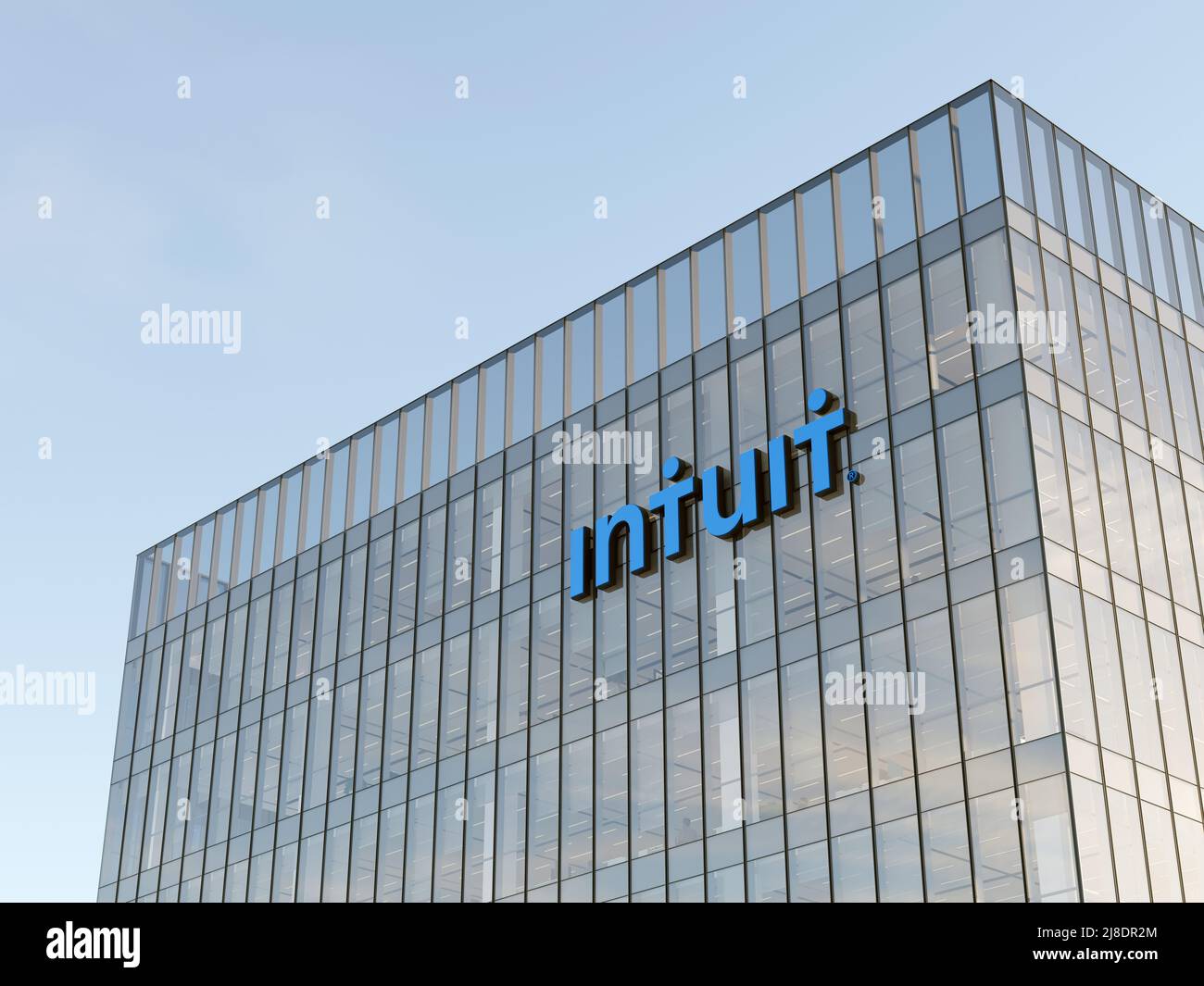 Mountain View, CA, USA. May 2, 2022. Editorial Use Only, 3D CGI. Intuit Corporation Signage Logo on Top of Glass Building. Workplace Technological Sof Stock Photo