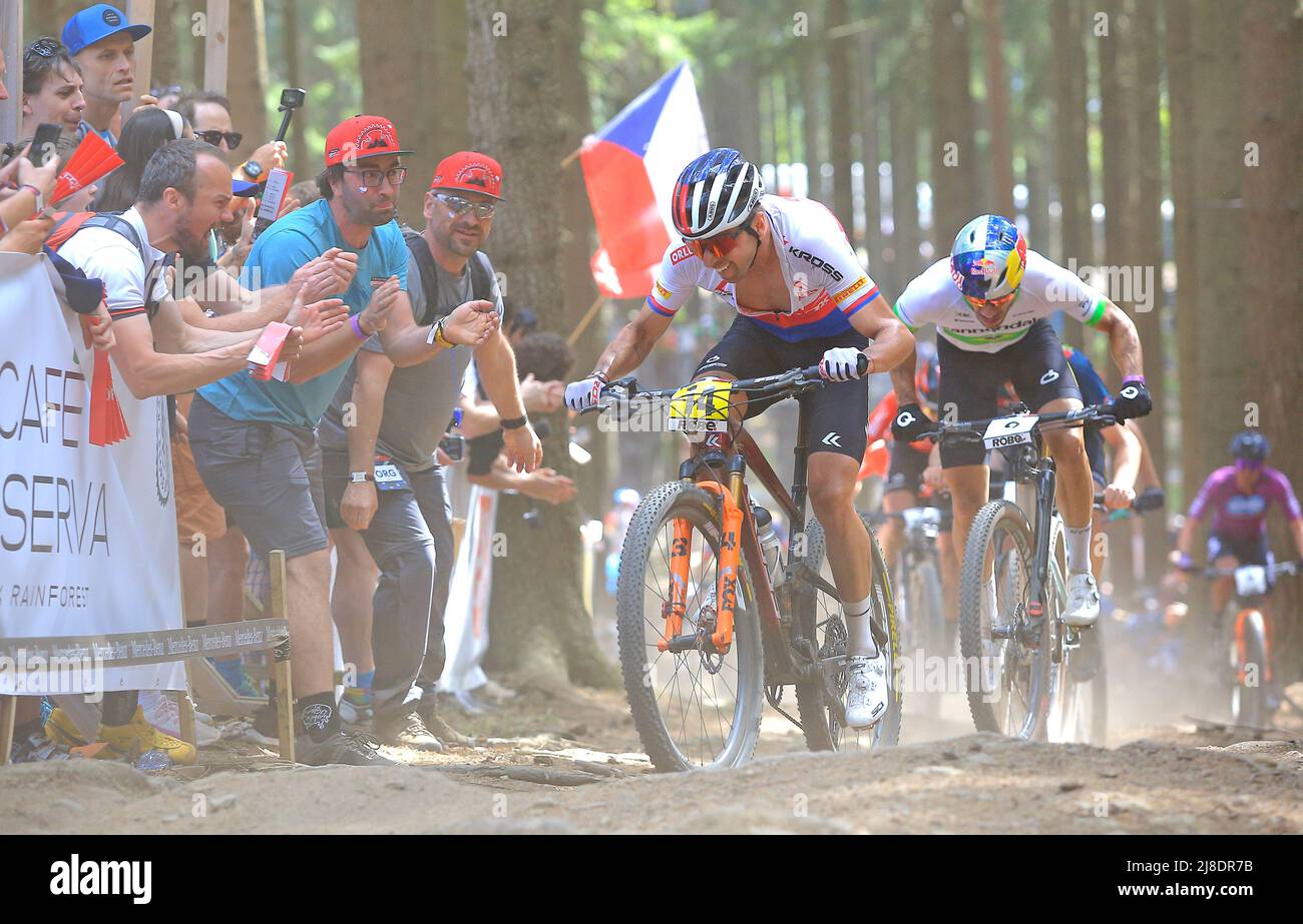 Ondrej Cink (CZE), left, and Henrique Avancini (BRA) compete in the UCI MTB  World Cup, Cross-Country Men Elite, in Nove Mesto na Morave, Czech  Republic, on May 15, 2022. (CTK Photo/Libor Plihal