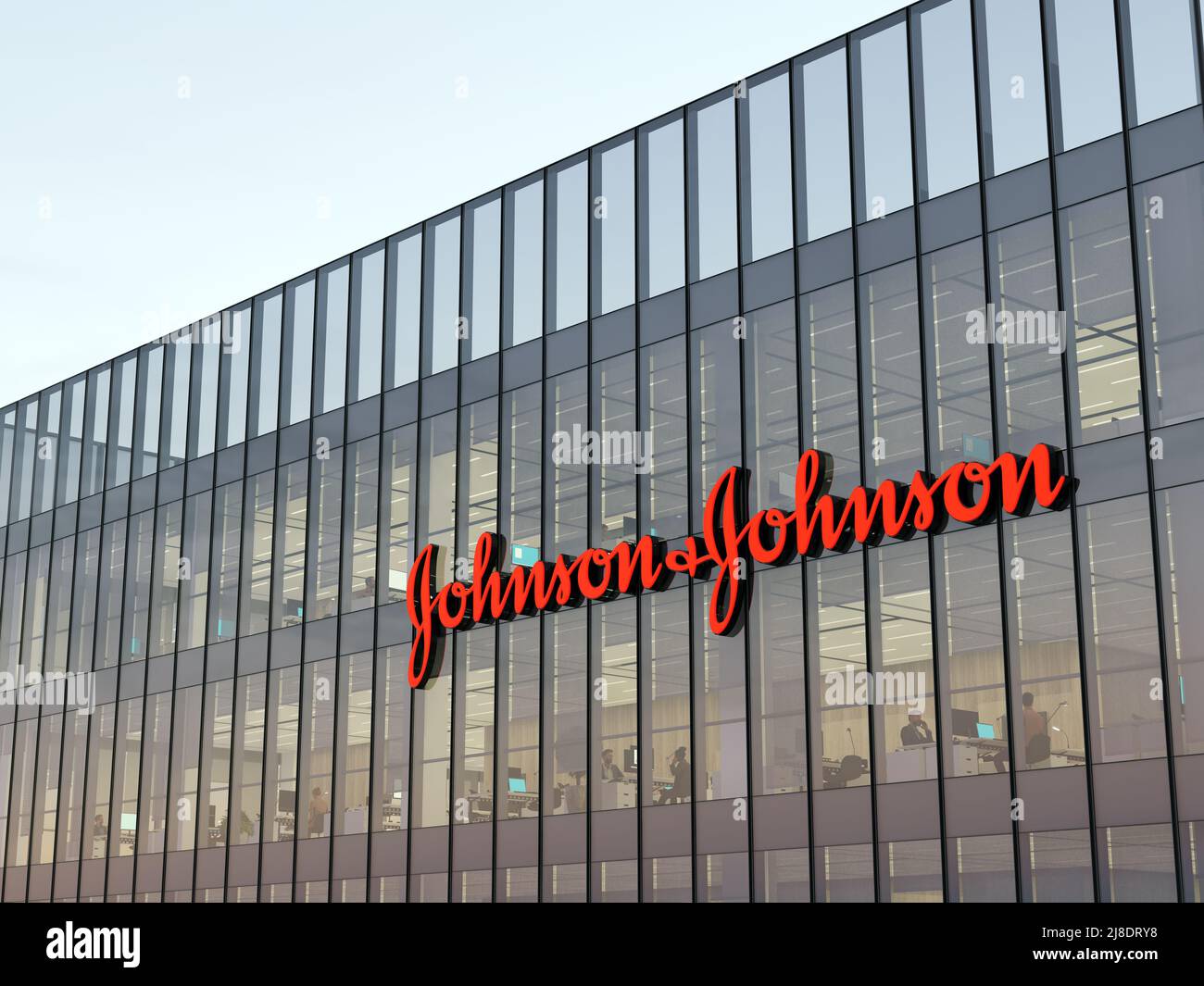 New Brunswick, NJ, USA. May 2, 2022. Editorial Use Only, 3D CGI. Johnson & Johnson Signage Logo on Top of Glass Building. Workplace of Pharmaceutical Stock Photo