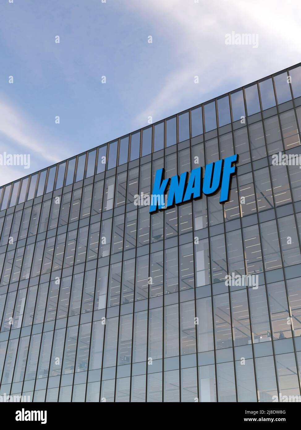 Iphofen, Germany, USA. May 2, 2022. Editorial Use Only, 3D CGI. Knauf  Signage Logo on Top of Glass Building. Workplace Building Material Company  Offic Stock Photo - Alamy