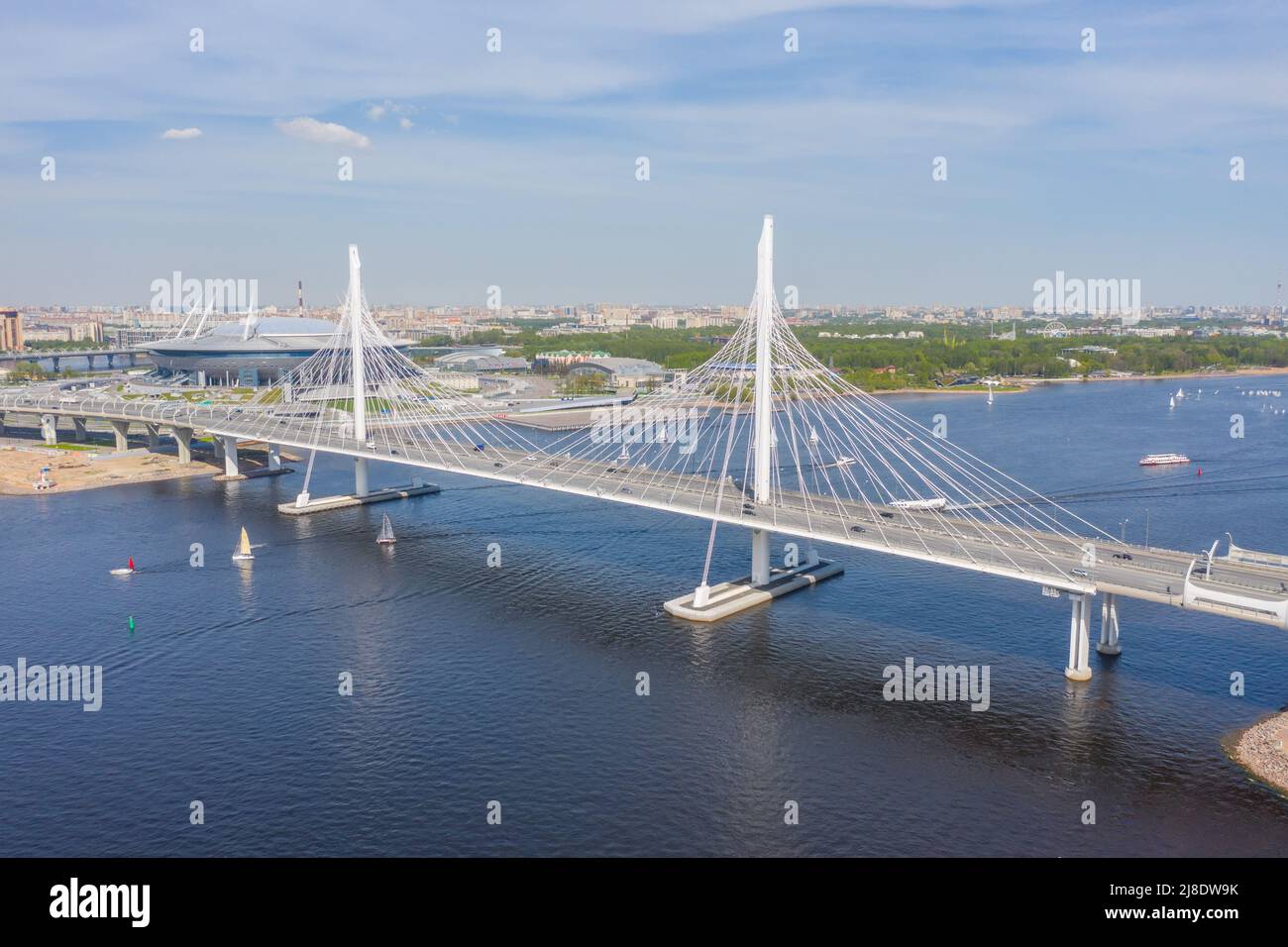 Bridge across the delta of the Neva River and the Gulf of Finland. Russia, St.Peterburg. May 19, 2019 Stock Photo