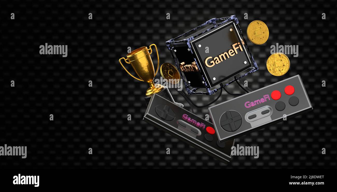 Cryptocurrency, joystick, cube with gamefi inscription. Game finance