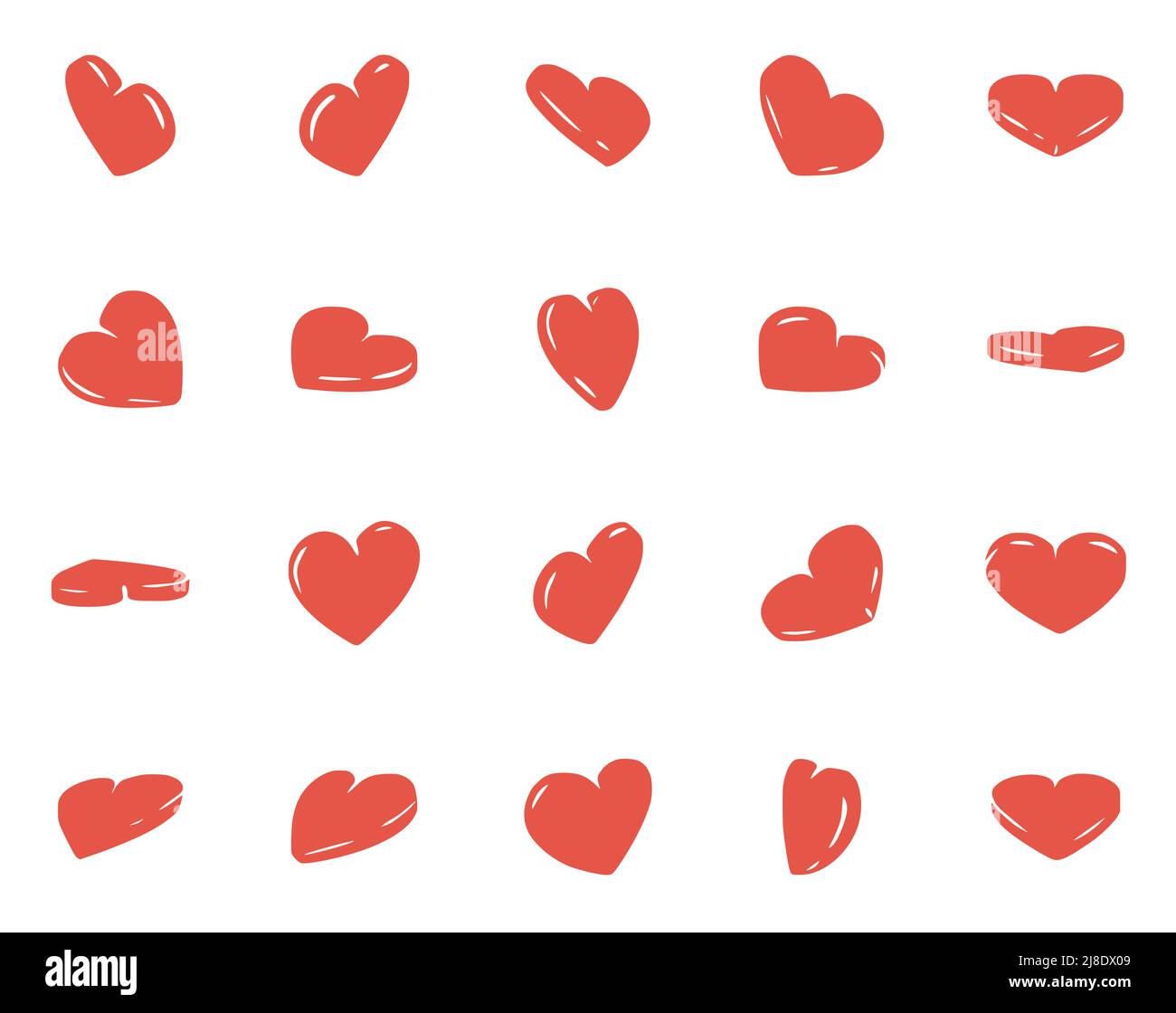 Vector set of hand drawn red heart symbols isolated on white background ...
