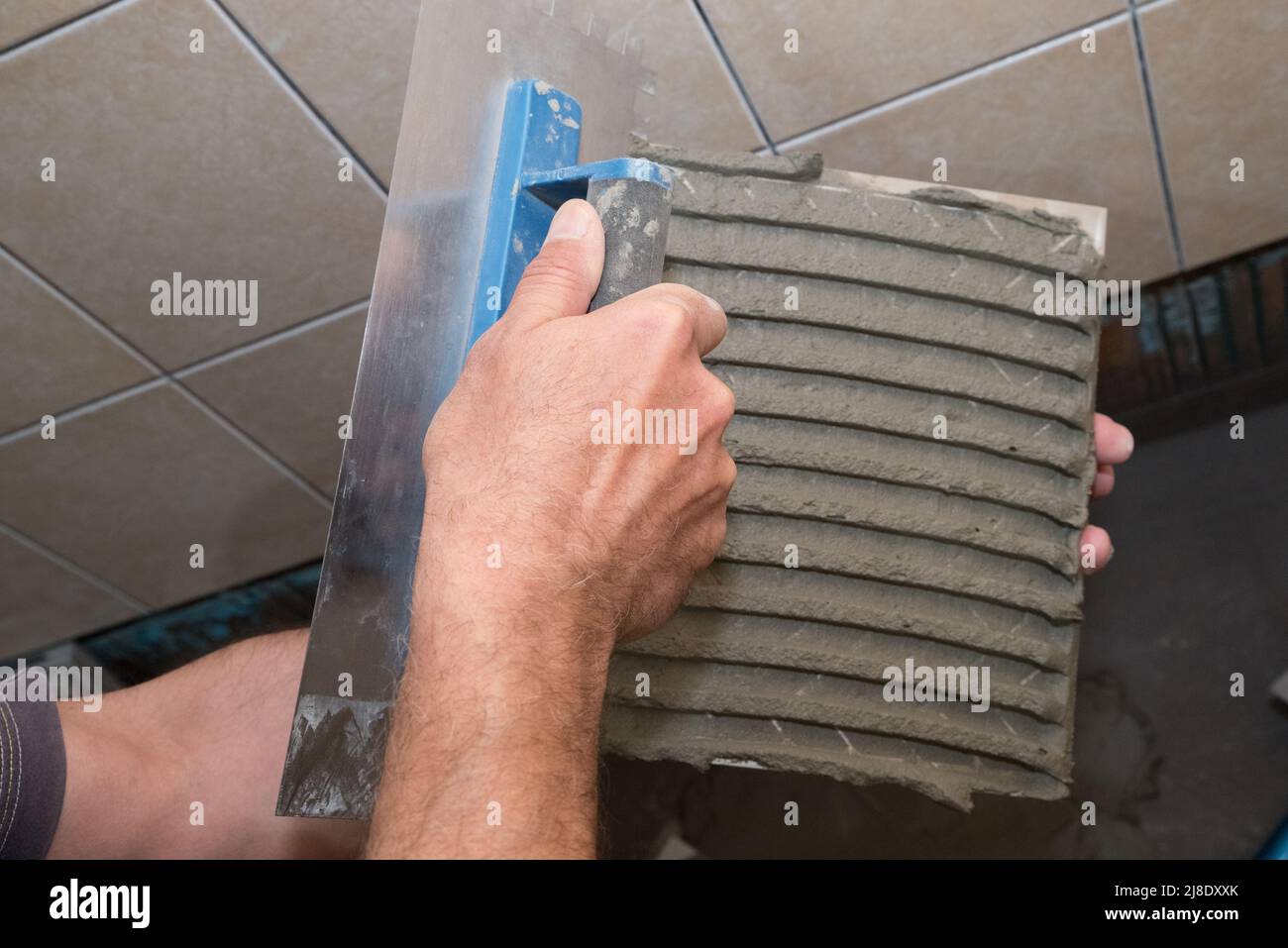 The working tiler applies glue on the tile with a notched trowel before gluing Stock Photo