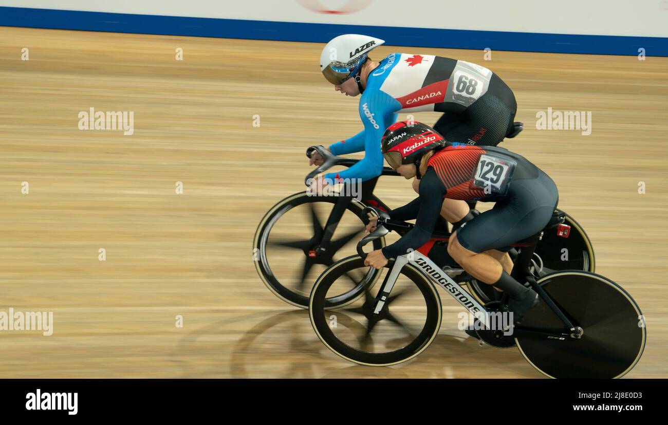 Nick Wammes (68) of Canada in the Men‚Äôs Sprint 1/8 finals against Kento Yamasaki (129) of Japan at the UCI Track Nations Cup in Milton, Ont. on Sunday, May 15, 2022.  THE CANADIAN PRESS/Peter Power Stock Photo