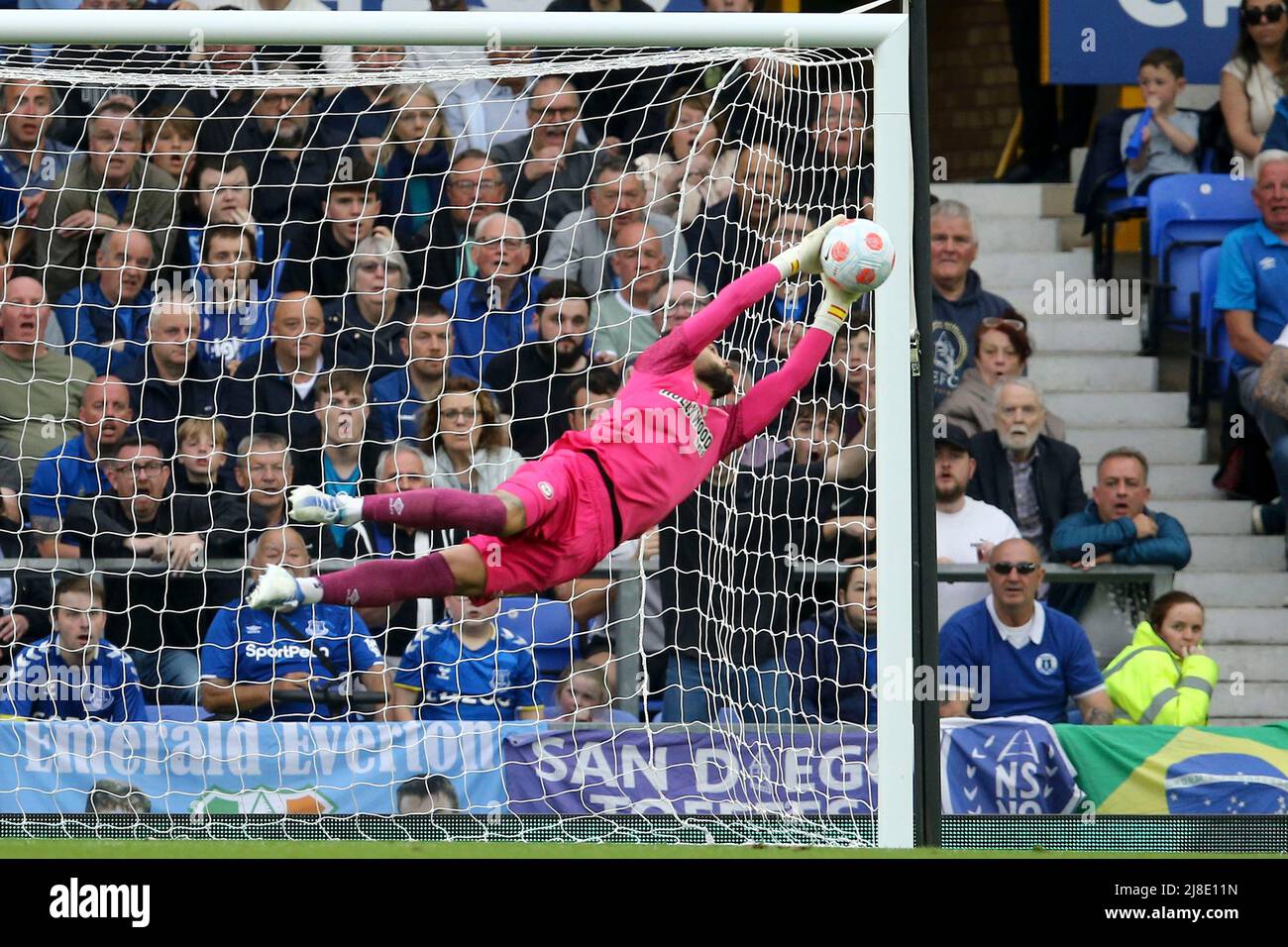 Everton, UK. 15th May, 2022. David Raya, the goalkeeper of Brentford makes a spectacular save. Premier League match, Everton v Brentford at Goodison Park in Liverpool on Sunday 15th May 2022. this image may only be used for Editorial purposes. Editorial use only, license required for commercial use. No use in betting, games or a single club/league/player publications. pic by Chris Stading/Andrew Orchard sports photography/Alamy Live news Credit: Andrew Orchard sports photography/Alamy Live News Stock Photo