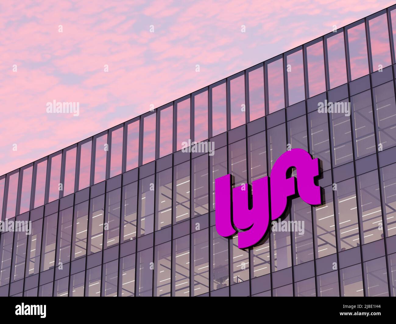 San Francisco, CA, USA. May 2, 2022. Editorial Use Only, 3D CGI. Lyft Signage Logo on Top of Glass Building. Workplace Transport Company Office Headqu Stock Photo