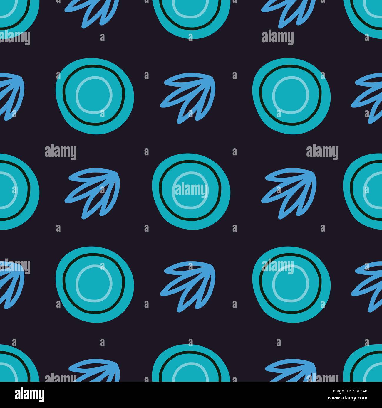 Hand drawn ornamental pattern with blue elements on black background. Stock Vector
