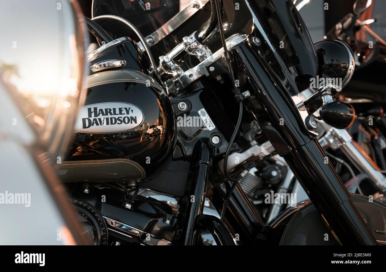 Detail of a Harley-Davidson motorcycle on display in the city of ...