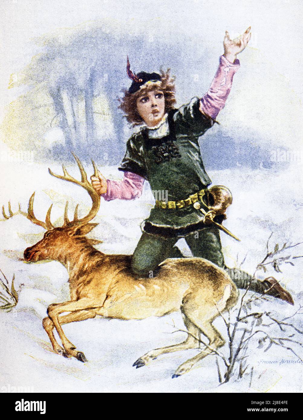 This image, dating to around 1899, shows the first Prince of Wales as a young boy hunting a deer. The first English Prince of Wales (later Edward II) was born at Caernarfon on April 25, 1284, the fourth and eldest surviving son of Edward I and Eleanor of Castille. On the completion of his father's conquest of the province, he was created Prince of Wales on February 7, 1301, at the age of 16, at a parliament at Lincoln. Edward was married to Isabella (the “she-wolf of France”), daughter of Philip IV of France and Joan I of Navarre, Her son was the future Edward III. The art is by Frances Brunda Stock Photo