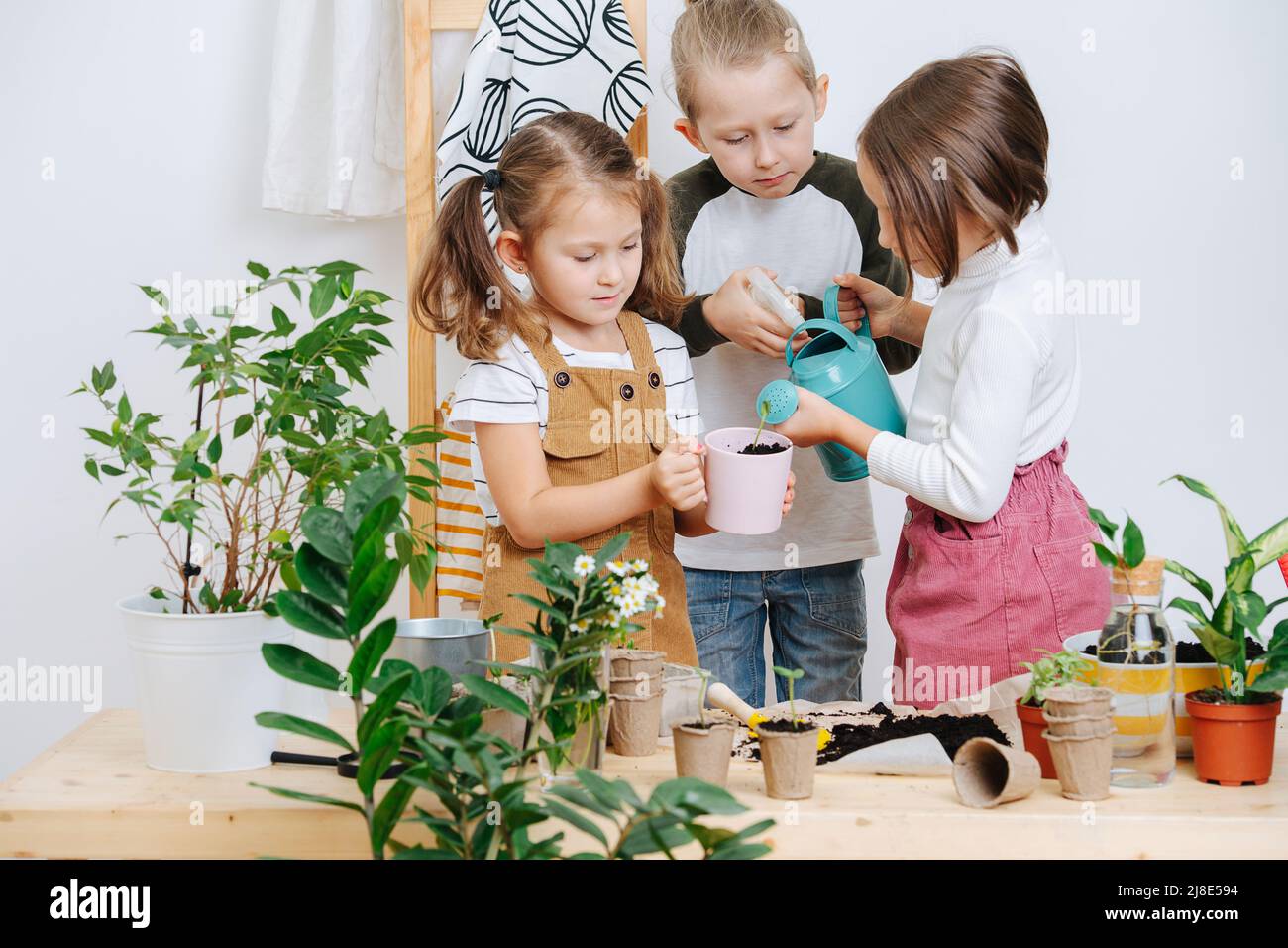 Girl and boy watering plants hi-res stock photography and images - Alamy