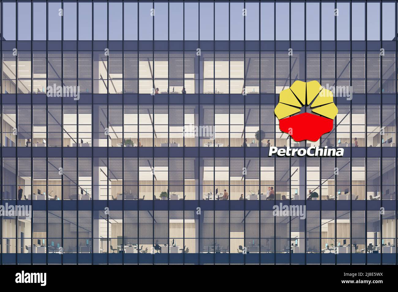 Beijing, China. May 2, 2022. Editorial Use Only, 3D CGI. PetroChina Signage Logo on Top of Glass Building. Workplace Gas Company Office Headquarters. Stock Photo