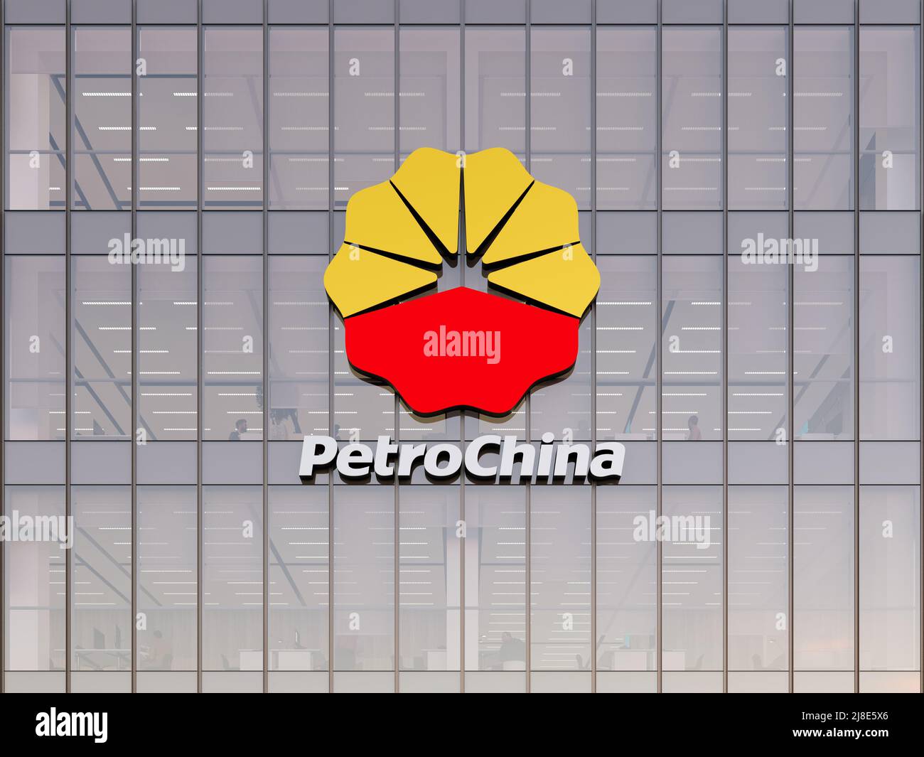 Beijing, China. May 2, 2022. Editorial Use Only, 3D CGI. PetroChina Signage Logo on Top of Glass Building. Workplace Gas Company Office Headquarters. Stock Photo