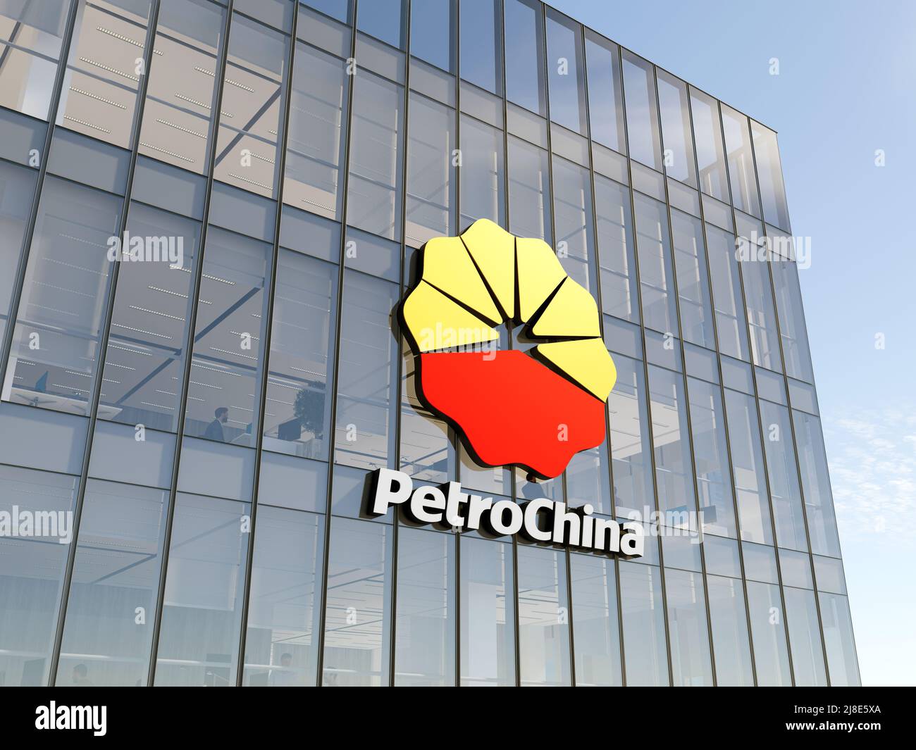 Beijing, China. May 2, 2022. Editorial Use Only, 3D CGI. PetroChina Signage Logo on Top of Glass Building. Workplace Gas Company Office Headquarters. Stock Photo