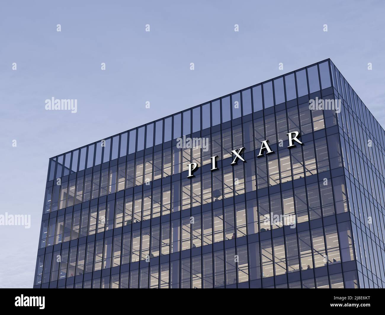 Emeryville, CA, USA. May 2, 2022. Editorial Use Only, 3D CGI. Pixar Signage Logo on Top of Glass Building. Workplace Commercial Animation Studio Compa Stock Photo