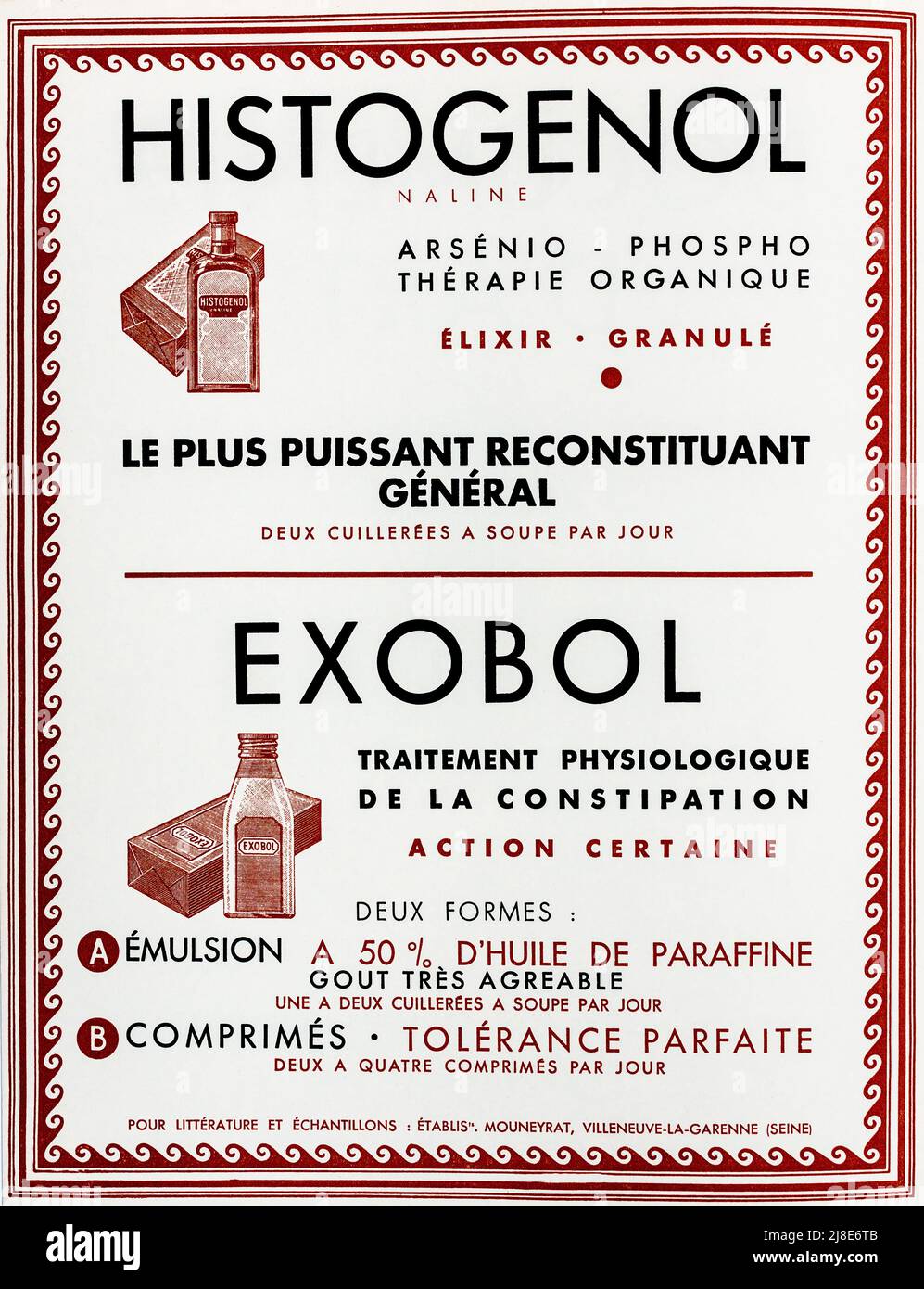 French 1950s advertisement for Histogenol and Exobol. Stock Photo