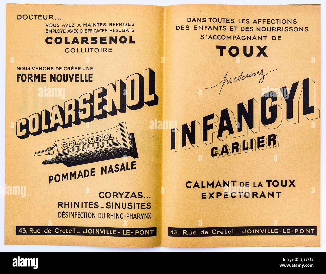 French 1930s double page advertisement for Colarsenol and Infangyl medicines. Stock Photo