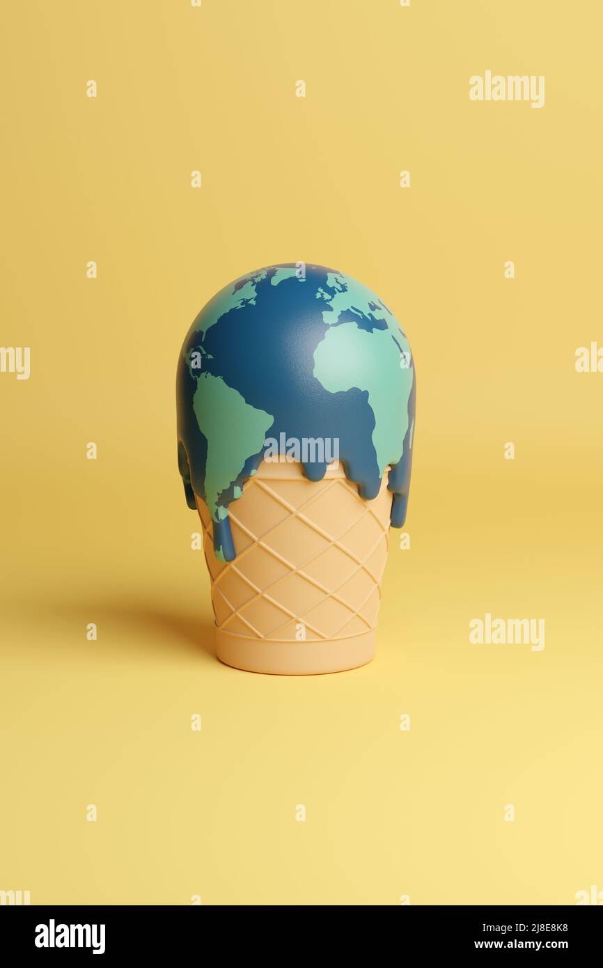 Ice cream melting in the shape of planet earth. Global warming concept. 3d illustration. Stock Photo