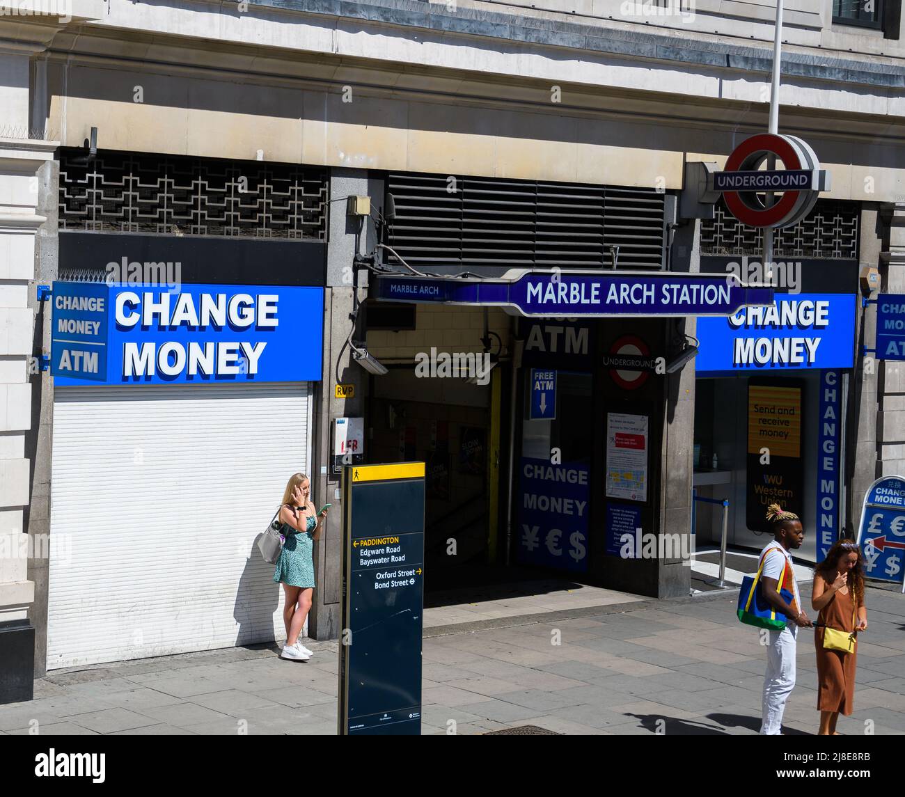 London, United Kingdom - July 30 2020:  A currency exchange shop flanking the netrance to Marble Arch underground station in Oxford Street Stock Photo