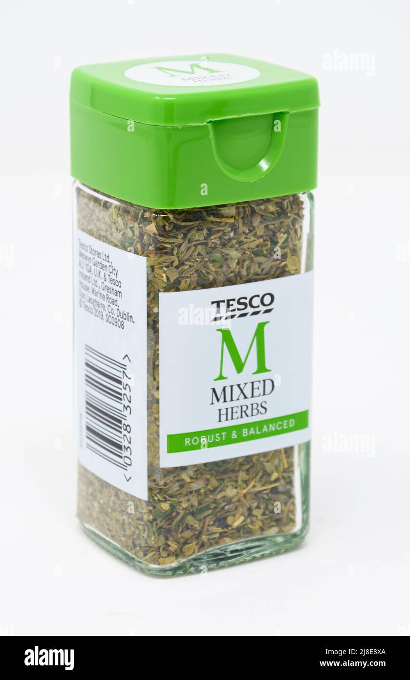 Reading, United Kingdom - January 16 2022:  A jar of Tesco mixed herbs Stock Photo