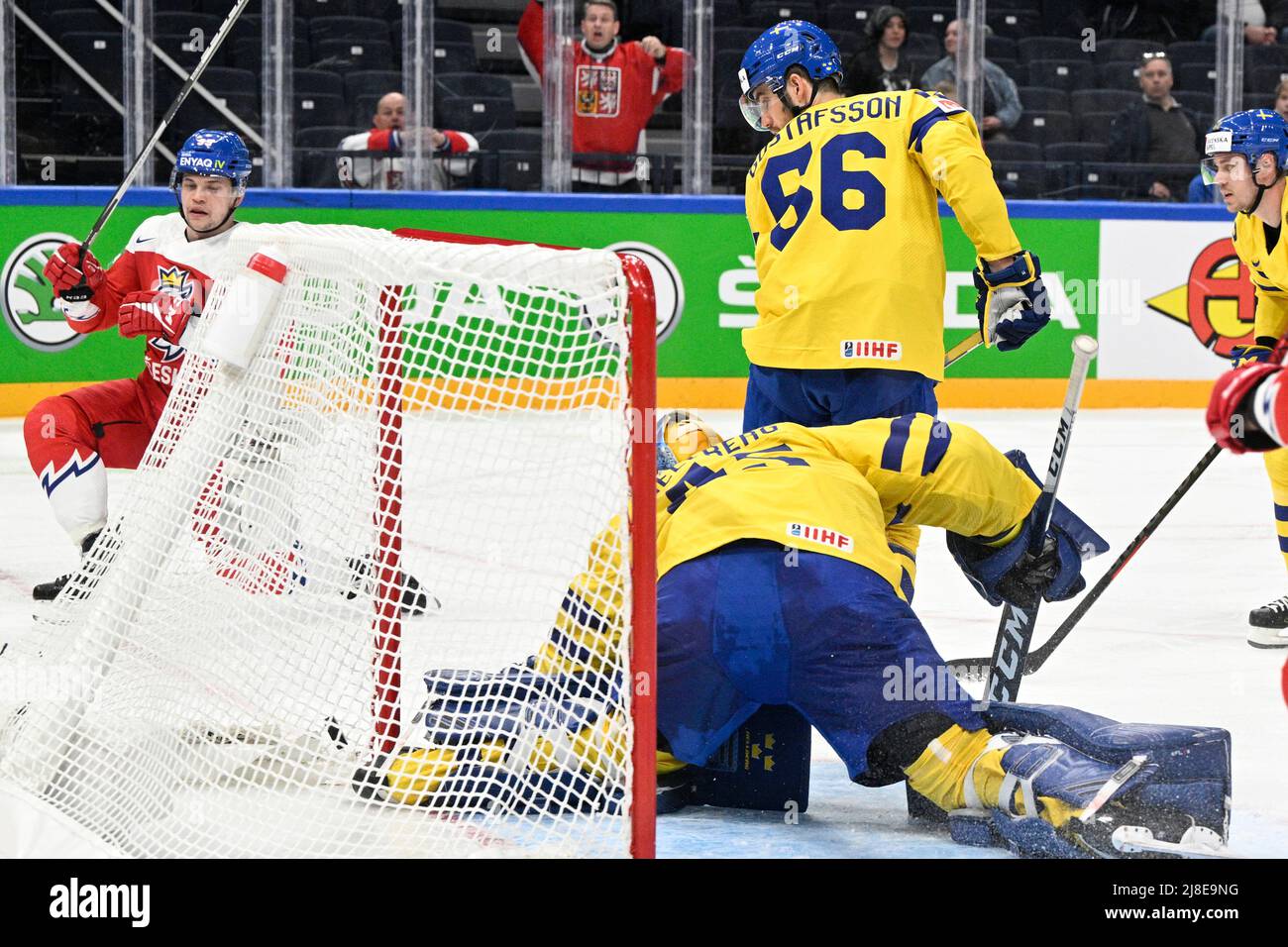 Tampere, Finland. 15th May, 2022. L-R Matej Blumel (CZE) celebrates scoring, goalkeeper Magnus Hellberg and Erik Gustafsson (both SWE) during the 2022 IIHF Ice Hockey World Championship, Group B match Czech Republic vs Sweden, on May 15, 2022, in Tampere, Finland. Credit: Michal Kamaryt/CTK Photo/Alamy Live News Stock Photo