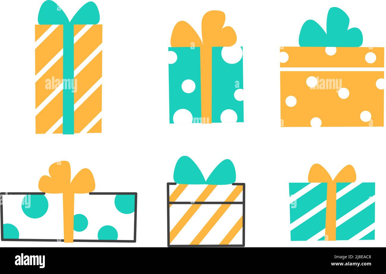 Gift box flat line icons set on white background. Stock Vector