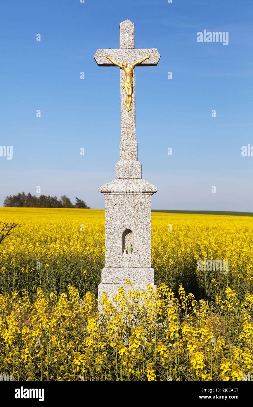 Crucifix and flowering field of rapeseed, canola or colza Stock Photo