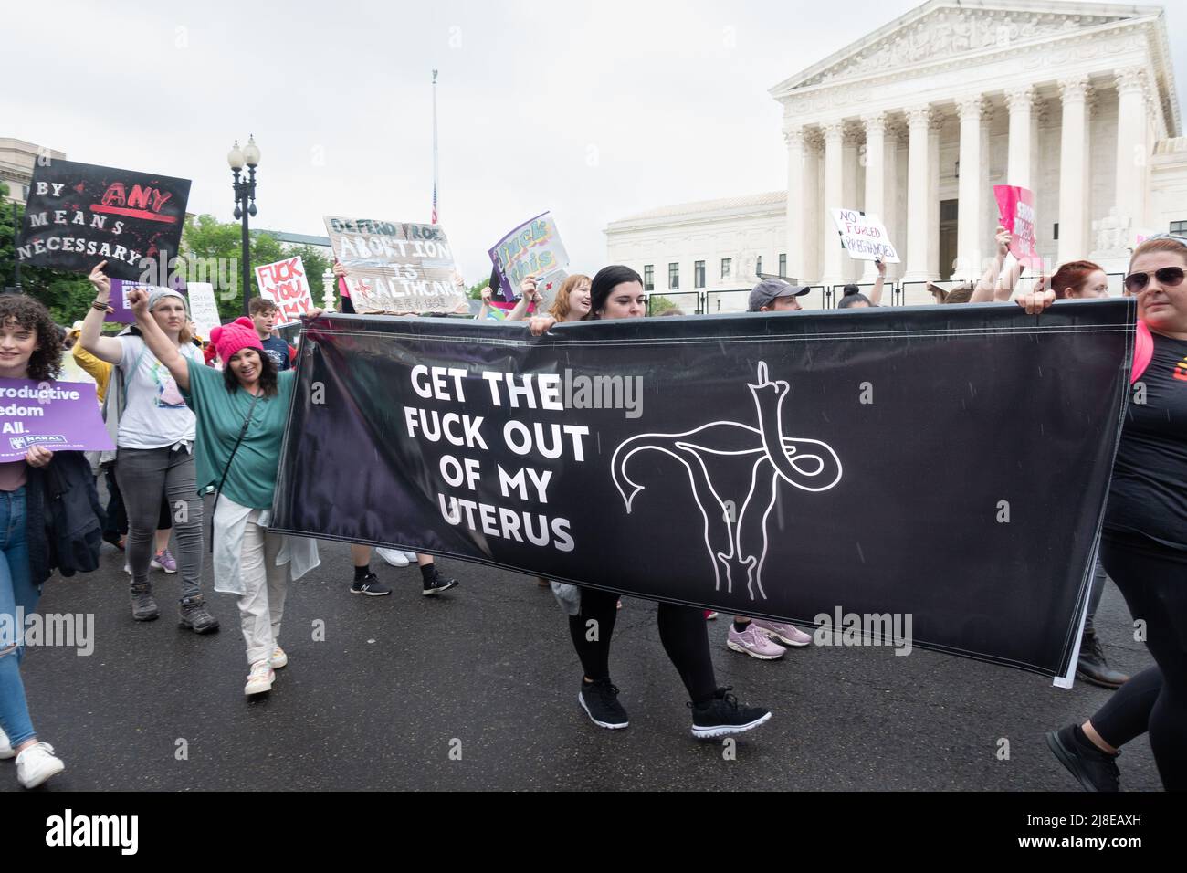 May 14, 2022: Pro-choice demonstrators march past the Supreme Court, part of  “Bans of Our Bodies” day of action protesting an anticipated Court ruling to overturn Roe v Wade. The goal is to support abortion rights and urge elected officials to protect access to abortion through legislation. Stock Photo