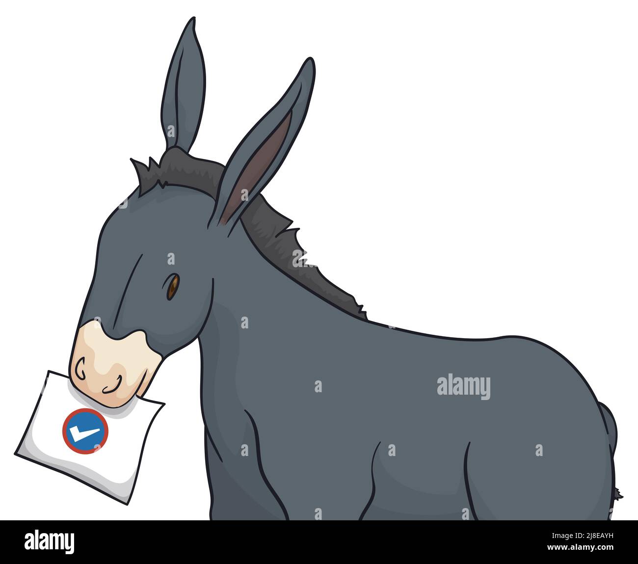 Cute donkey with gray fur holding a paper like an American vote with ...
