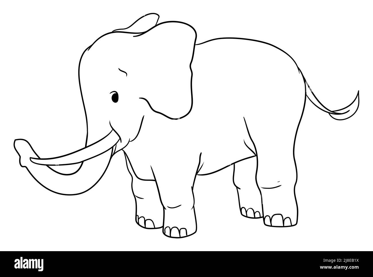 Colorless design of a cute elephant standing with its trunk, tusks, tail and big ears, to color it. Stock Vector