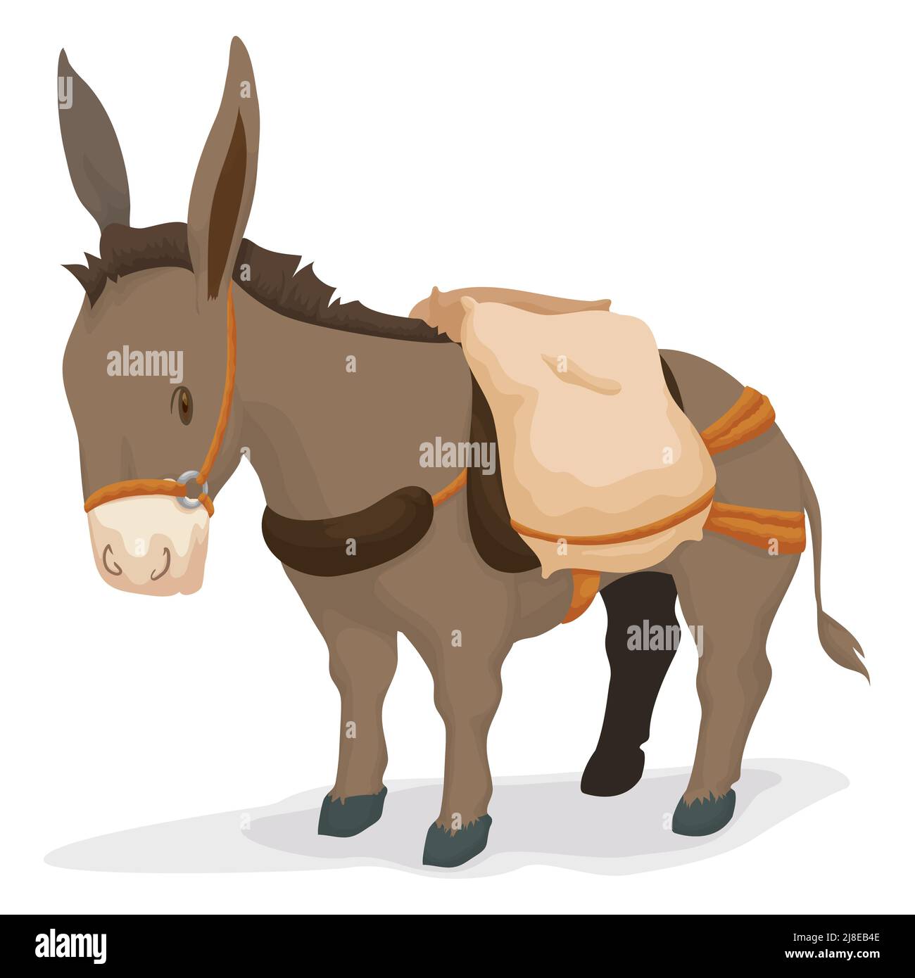 Cute donkey with saddle and gunny sack on its back as cargo, ready to