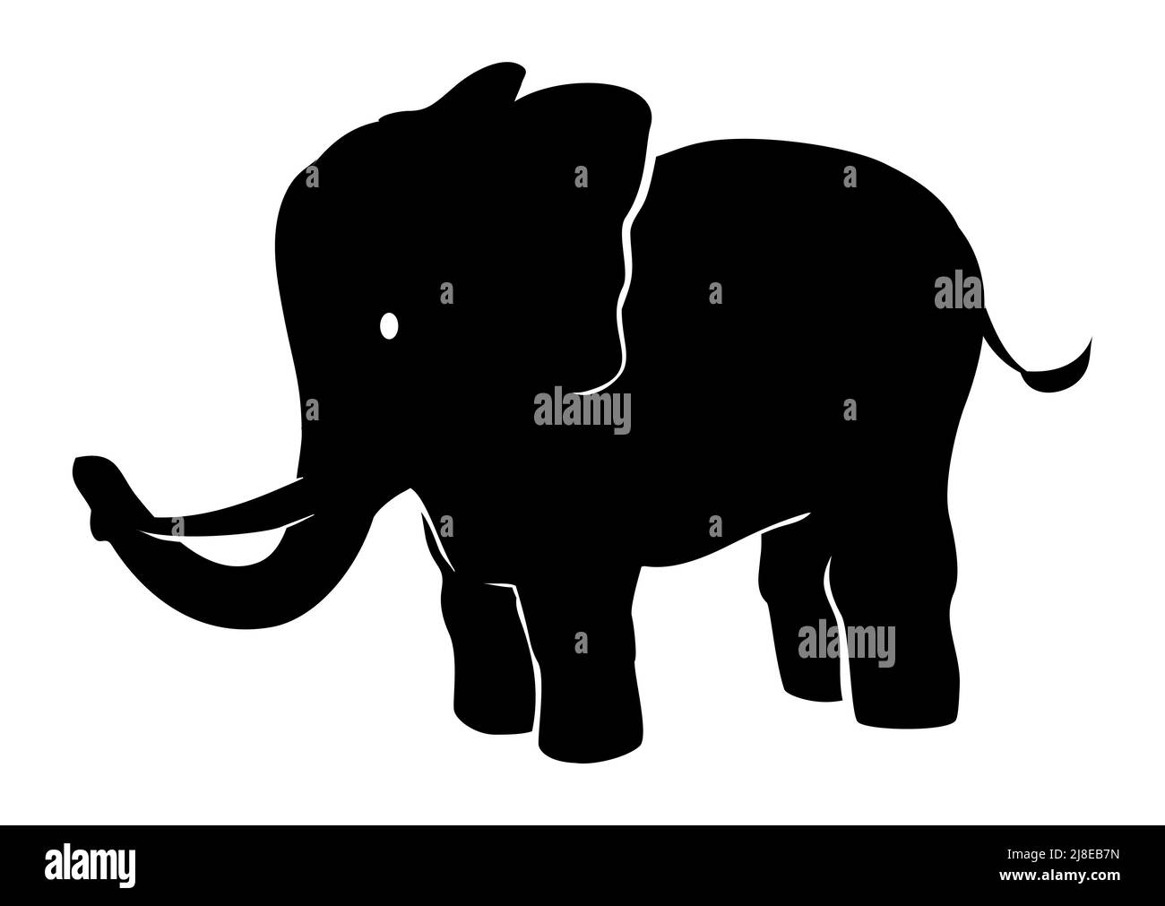 Black silhouette of a cute elephant with long trunk, tusks, tail and big ears. Stock Vector