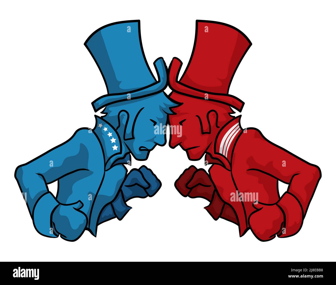 Blue and red gentleman contenders gazing each other, with top hats, traditional garment and boxing gloves ready to fight during American electoral sea Stock Vector