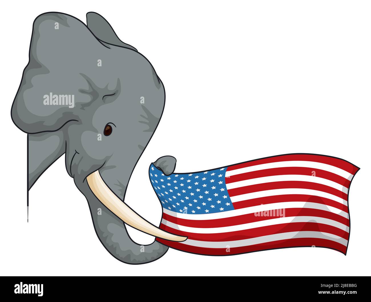 Elephant peeking out from the left corner, holding an American flag with its trunk. Stock Vector