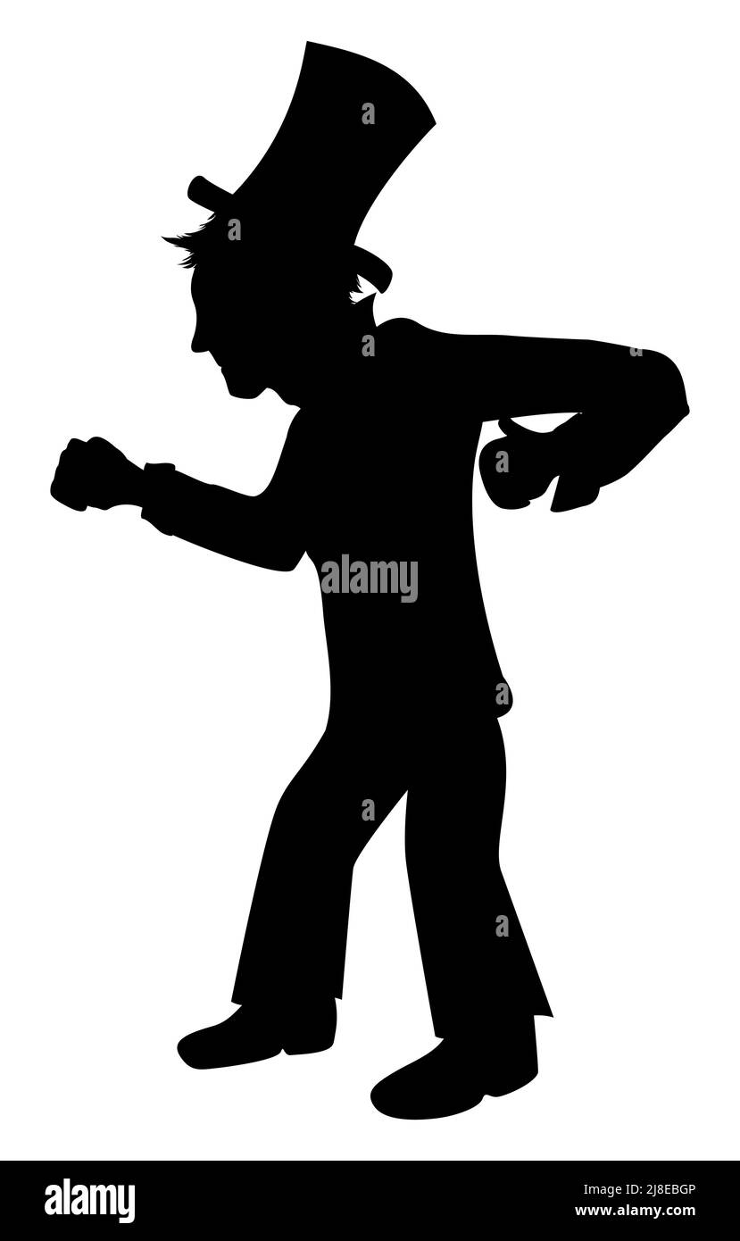 Elegant gentleman in black silhouette, with gloves, top hat, fine shoes and garment, standing in fighting position. Stock Vector