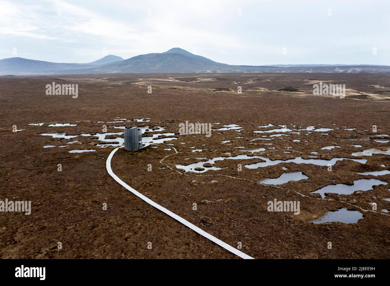 Aerial view of the RSPB Forsinard Flows Nature Reserve and viewing tower, Forsinard, Sutherland, Scotland Stock Photo