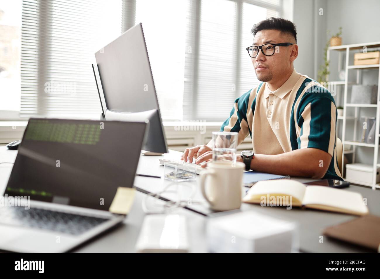 Portrait of Asian software developer using laptop while working at desk in office setting, copy space Stock Photo