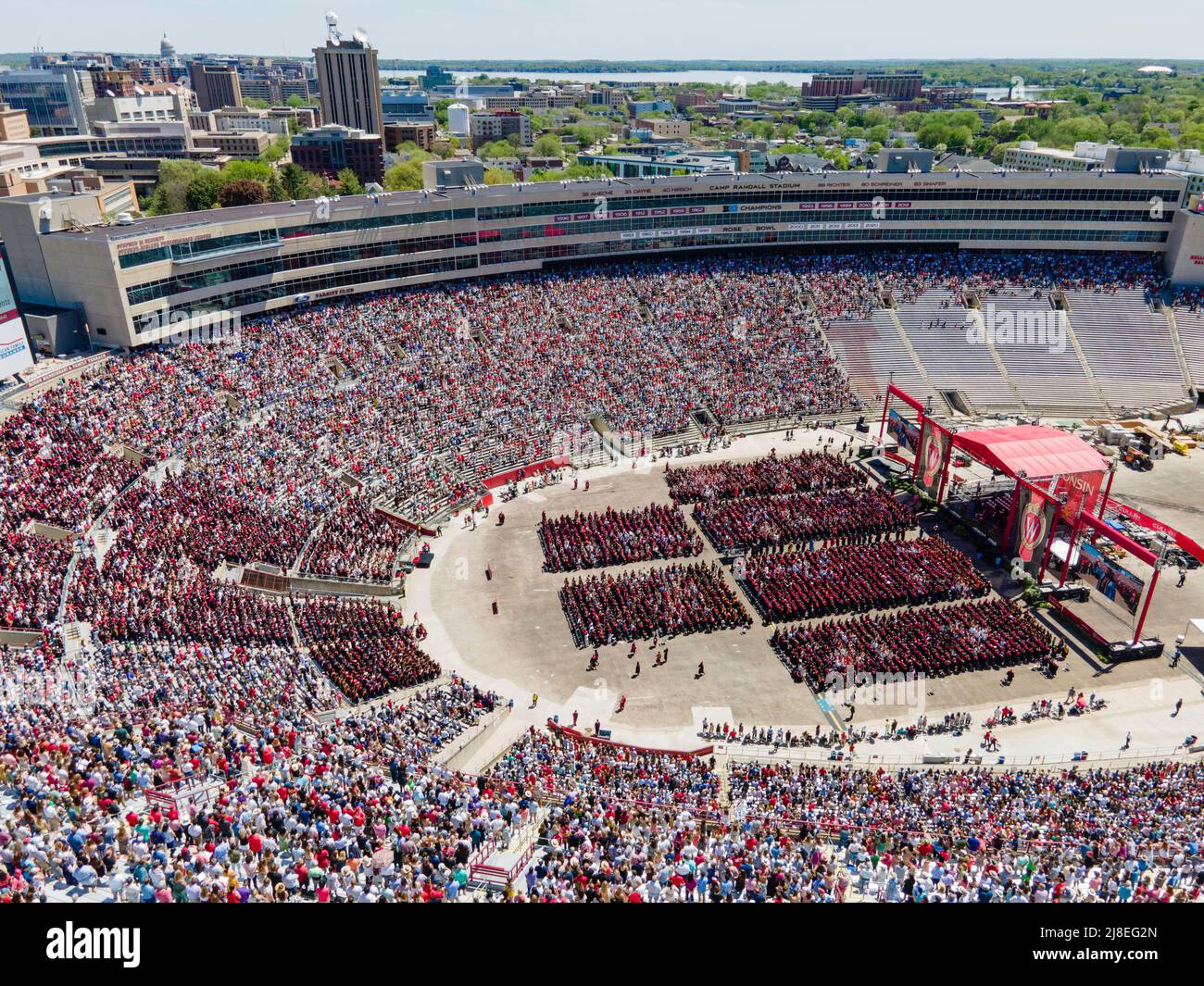 Aerial photograph of graduation ceremony at Camp Randall Stadium, University of Wisconsin-Madison, Madison, Wisconsin, USA. 14 May 2022. Stock Photo