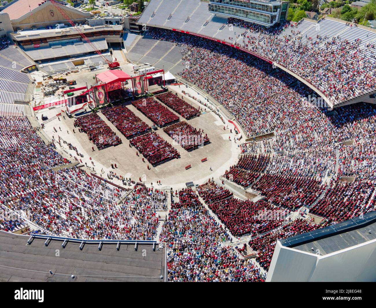 Aerial photograph of graduation ceremony at Camp Randall Stadium, University of Wisconsin-Madison, Madison, Wisconsin, USA. 14 May 2022. Stock Photo
